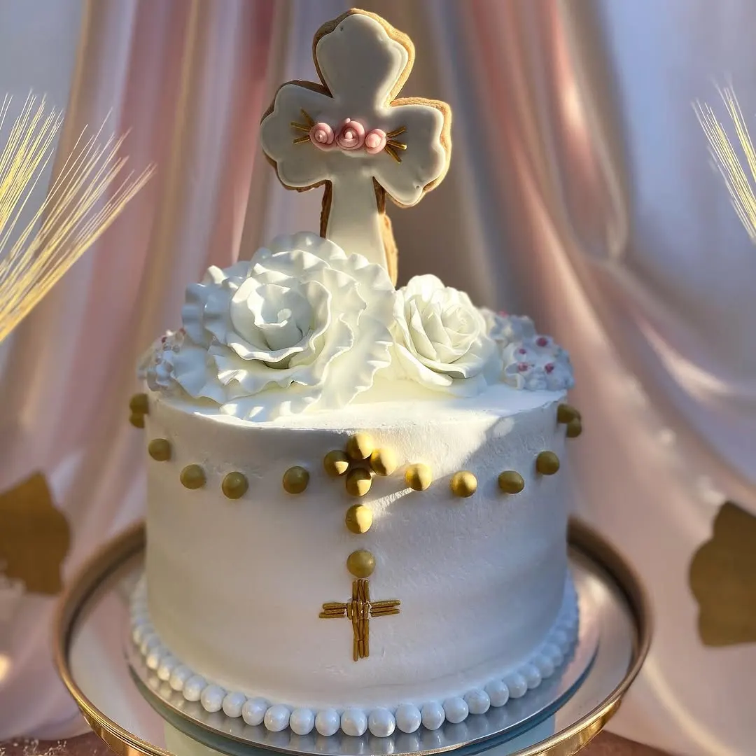 White Cross Cake with Gold Rosary